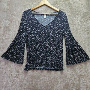 H&M Blouse Floral Print Top V-neck Stretch Bell Sleeves Boho Modern Style Size S
